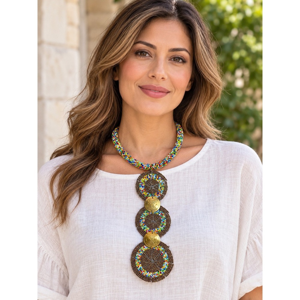 Maasai 3 Tier Beaded Statement Necklace Multicolor African Tribal Handmade Jewel